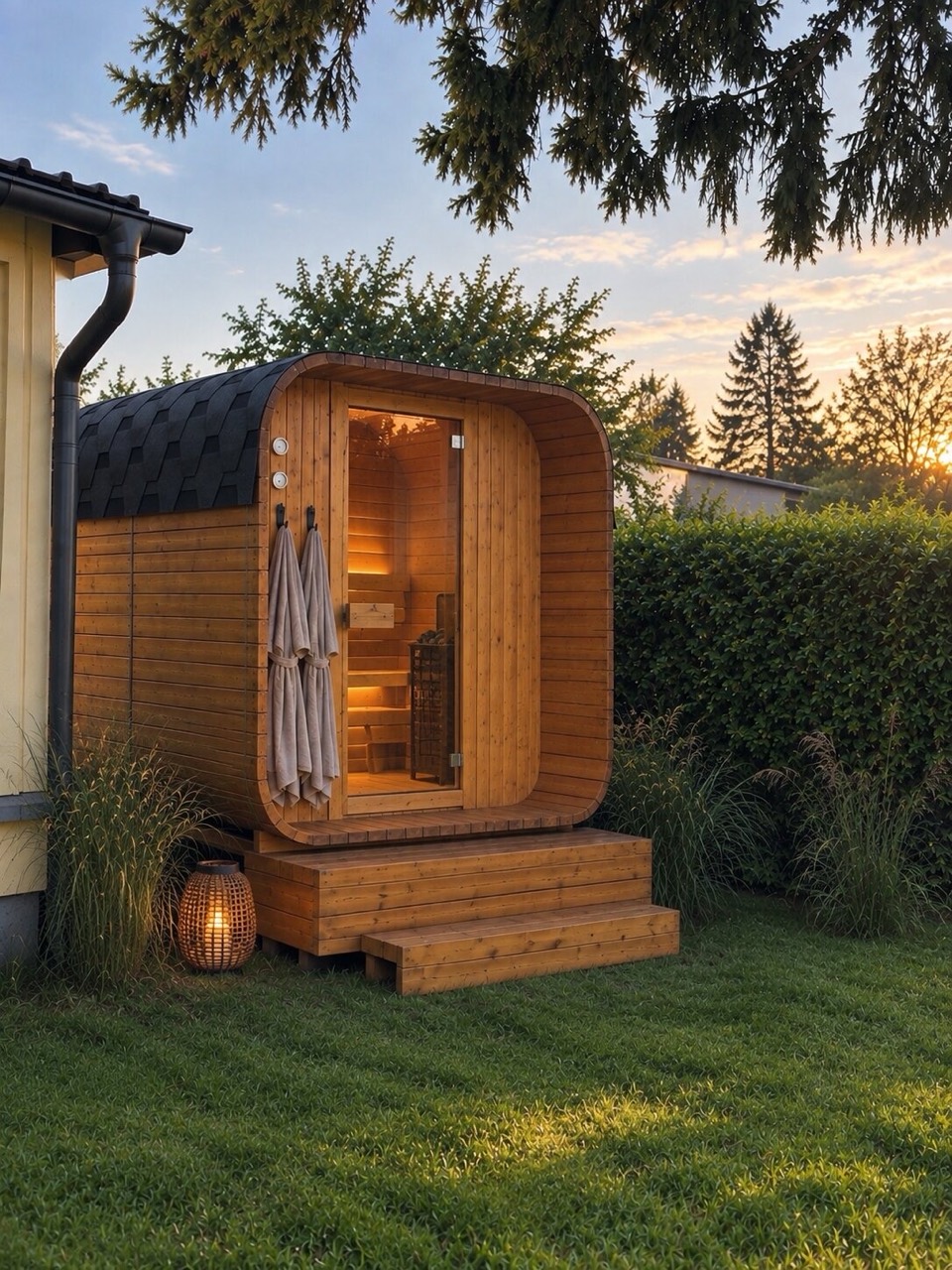 Cube-Sauna mit Glastür und beleuchtetem Innenraum